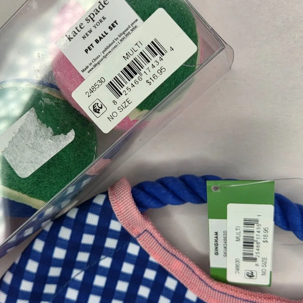 NWT Kate Spade Blue Gingham Dog Tug Toy & 3 Pack Balls